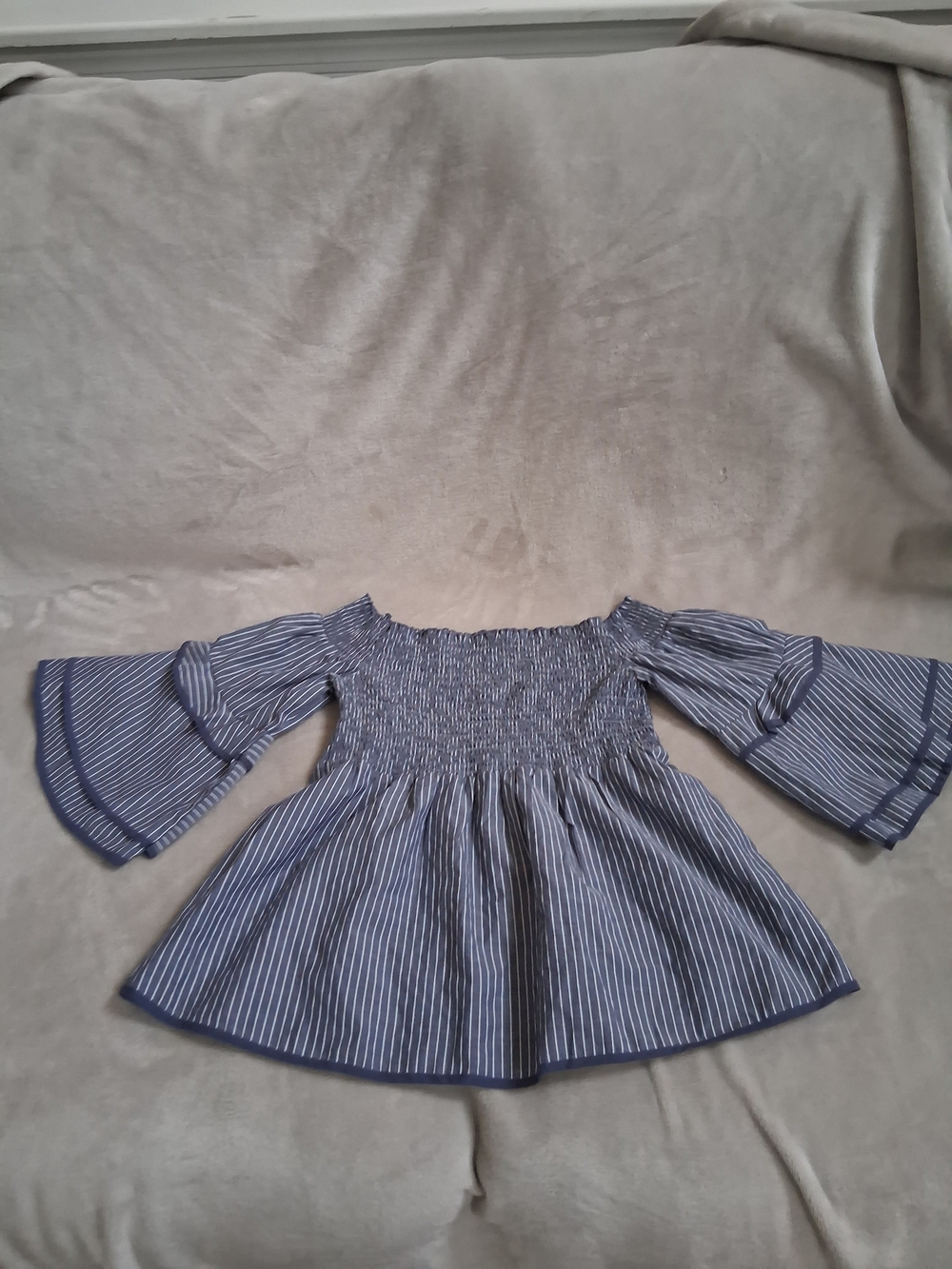 American Eagle Outfitters Navy & White Striped Off-Shoulder Smocked Dress